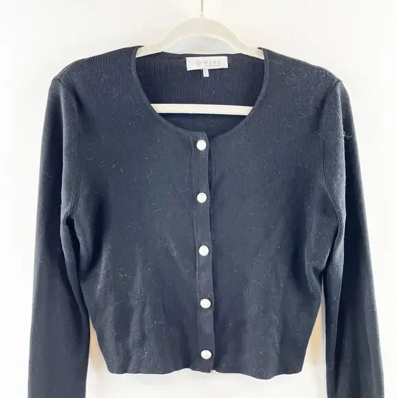 Wayf Long Sleeve Button Front Cropped Cardigan with Faux Fur Cuffs Black Medium - Picture 8 of 9